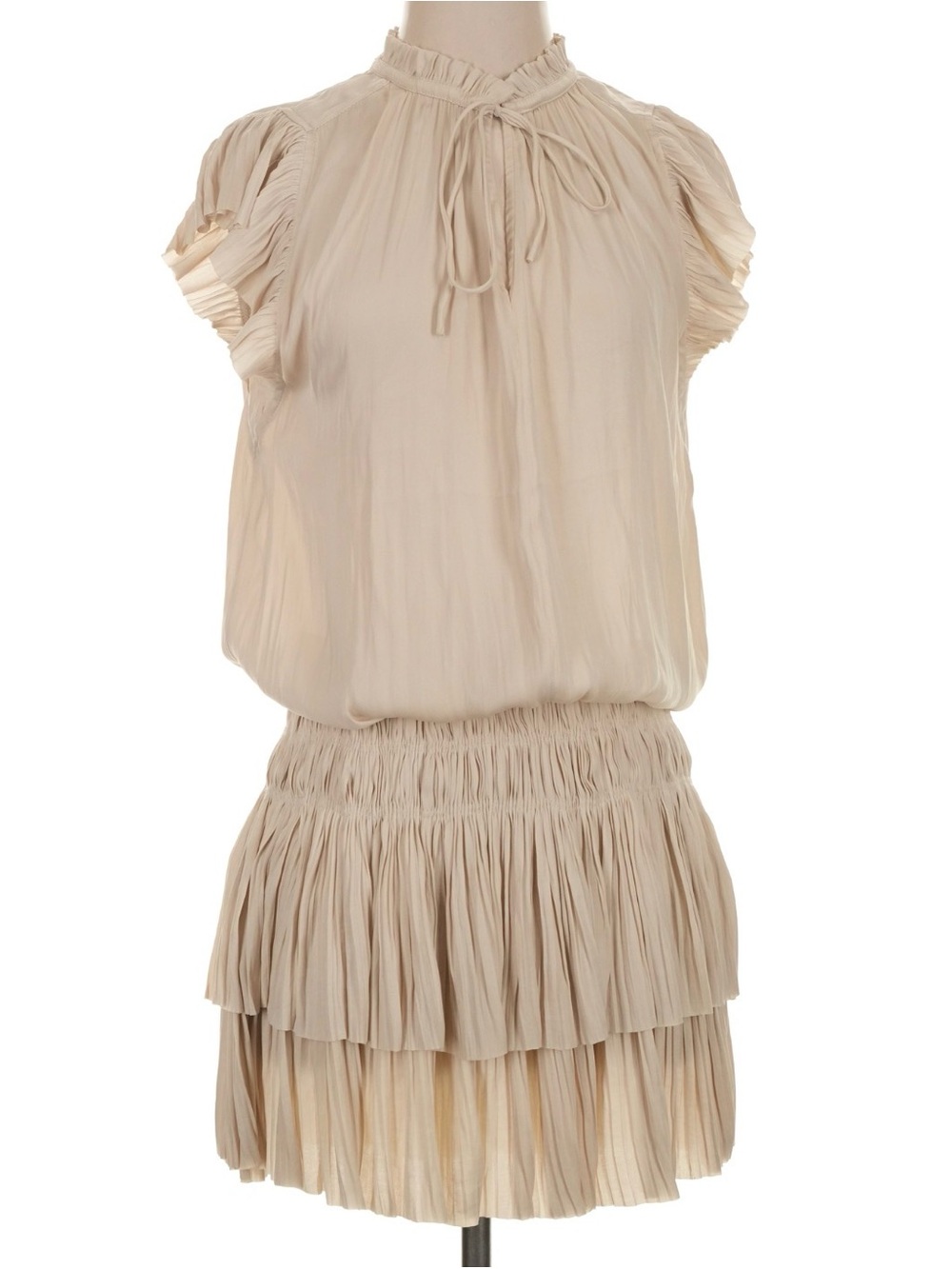 Current Air Cream Tie-Neck Pleated Dress